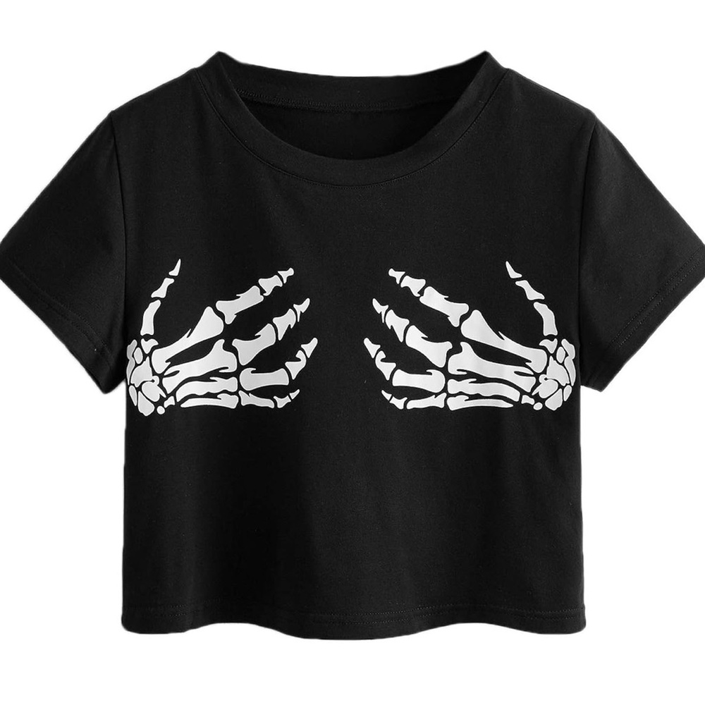 Black Skeleton Hands Humorous Graphic Oversized Cropped Shirt